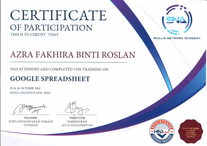Google Spreadsheet training certificate