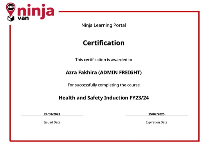 Health and Safety Induction certificate